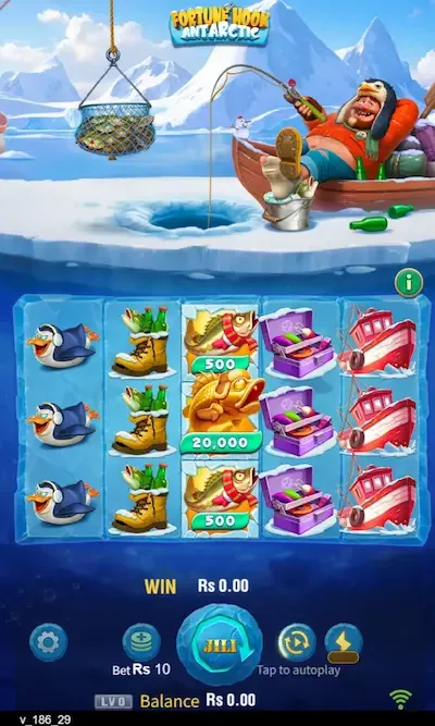 Fortune Hook Antarctic slot game interface showing penguin symbols