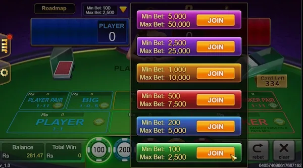 Baccarat table limits, roadmap and different bet tables